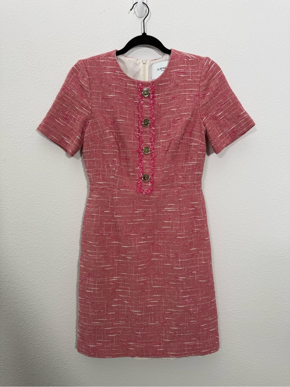 LK Bennett London Tweed Mini Dress‎ Gold Button Preppy Barbiecore Quiet Luxury